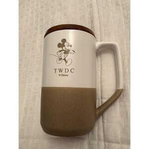 Disney TWDC Mickey Mouse Two Tone Ceramic Mug with Wood Lid‎ White Tan Speckled